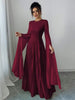 Women Elegant Floor Length Dress Pleated Long Sleeve O Neck Solid Middle East Style Evening Dresses For Party