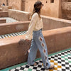 Y2K Women's Diamond Star Blue Jeans High Waist Pockets Zipper Wide Leg Denim Pant Summer Autumn Lady Street All-match Pants