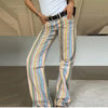Multicolor Striped Low Waisted Pants Straight Leg Full Length Retro Colorful Trousers Spring Casual Lady Daily Wear