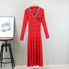 Autumn Winter Wear Dress Women Polo Single Breasted Pocket Design Bodycon Knitting Temperament Sweater Long Dresses