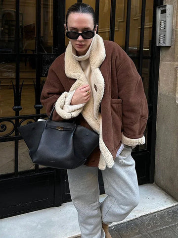 Winter Warm Jacket For Women Street Casual Loose Pocket Patchwork Lapel Cardigan Femme Elegant Vintage Suede Coats