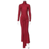Turtleneck Long Sleeve Bodycon Dress Women Tight Elastic Lace-up Maxi Dresses Winter Evening Party Curvy Robe Red Brown