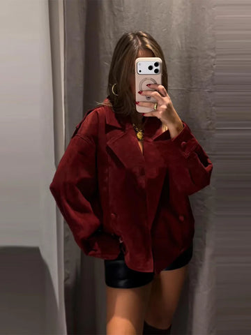 Red Suede Lapel Moto Jacket Oversized Zipped Long Sleeve Autumn Women Streetwear Biker Coat Versatile Lady Jaqueta