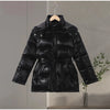 Shiny Stylish Women's Winter Jackets Hooded Waist-Defining Belt Thicken Pockets Full Sleeve Padded Coats Lady Jacket For Women
