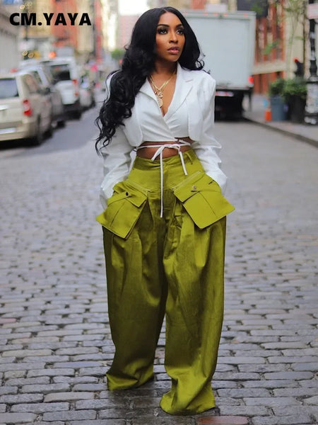 Women detachable pocket Zipper Fly Loose Wide Leg Pants Cargo Streetwear Safari Style Trousers