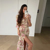 Sexy Print Women Long Dress Urban V-neck Single Breasted Ruffles Half Sleeve Female Dresses Spring Autumn Lady Robe