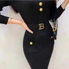 Women Dress Korean O-neck Slim Waist Knitted Pencil Dress with Belt Office Lady Bodycon Vestidos Winter
