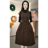 Winter Fake Two piece Corduroy Dress Stylish Women's Dress Draw pleats Slim Waist Dress Women's Retro Knee Over Middle Long