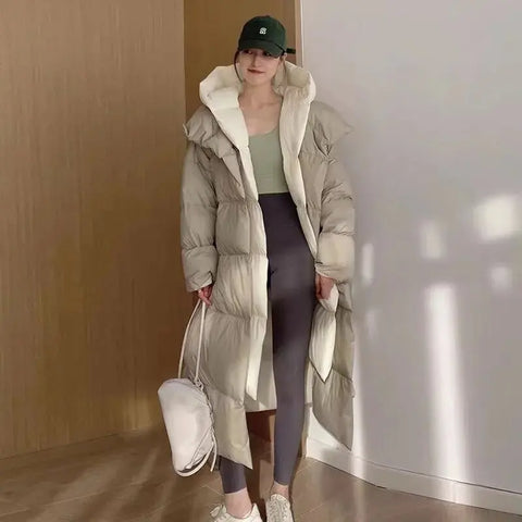 Winter White Duck Down Hooded Fake Two Piece Down Jacket Women's Long Knee Down Jacket Winter Women's Warm Coat Pike Coat
