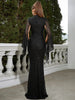 Elegant Apricot Sequin Muslim Party Dress Women Split Sleeve High Neck Bodycon Dubai Evening Dresses Prom Gown
