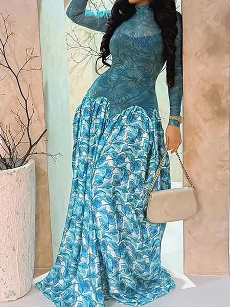 Casual Long Sleeve Women Gowns Dress Perspective Splicing Slim Long Dresses Elegant High Neck Long Sleeve Evening Dress