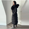Elegant Fur Collar Hood Belt Long Cotton Jacket Women Zipper Drawstring Waist Parka Down Coat Winter Lady Warm Chic Outwear