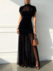 Elegant Sheer Maxi Dress Women High Neck Cap Sleeve Ruched Bodycon Mini Skirt Overlay Tulle Floor Length Evening Party Dress