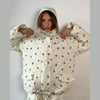 Elegant Printed Cotton Jacket Trouser Women's Set Hooded Thicken Zipper Coat Straight Pants Loose Lady Winter Autumn Suit