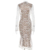 Sexy See Through Lace Women Midi Dress White Long Sleeve Turtleneck Dress Female Winter Skinny Elegant Party Clubwear