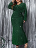 Plus Size V-Neck Long Sleeve Mermaid Hem Dress Women Autumn Evening Party Glitter High Waist Bodycon Long Dress