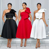Women Big Bow Shoulder Skew Collar Big Swing Knee Length Dress Belt Street Vestidos Sexy Party Evening Chic Dresse
