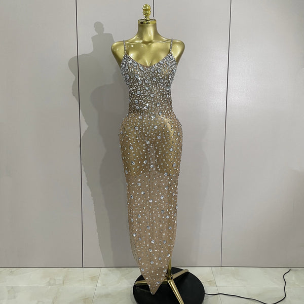 Sparkly Silver Rhinestones Mesh Stretch Long Dress Women Sexy Eveing Celebrate Birthday Party Nightclub Bar Stage Costume