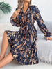 Elegant Floral Print Dresses for Women Autumn Winter Casual V Neck Flare Long Sleeve Ruffled A Line Dress