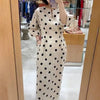 Elegant Women Dots Print Dress Summer Slim 3/4 Sleeve Vestidos V-Neck Party Midi Robe Office Pocket Dresses