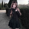 Japanese Gothic Style Lolita Dress Women Dark Bow Lace Ruffle Long Sleeves Slim Shirt Dress Vintage Y2k Party Mini Dress Cosplay