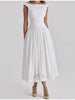 Minimalist White Boat Neck Midi Dress Women Elegant Cap Sleeve A-line Flare Eyelet Embroidery Vestido Wedding Formal Party Gown