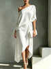 One Shoulder Midi Dress Asymmetrical Hem Waist Knot 3/4 Sleeve Draped Formal Evening Elegant Color Cocktail Dress for Women