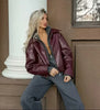 Wine Red Faux Leather Jakcet Outerwear Thicken Zipper Lapel Pu Coats Autumn Winter Streetwear Ladies Tops Women