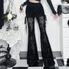 Goth Drak Elegant Flocking Print Long Pants 90s Grunge Mesh See Through Bodycon Flare Pant Mall Gothic Women Trousers