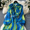 Retro Elegant Autumn Edible Tree Fungus Patchwork Long Sleeves Print Chiffon Dress A-line French Vintage Vacation Women Dresses