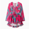 Women Elegant Floral A-line Pleated Dress Sexy Long-sleeved Waist Cinching Ruffle Mini Dresses Lady Vacation Street Gowns