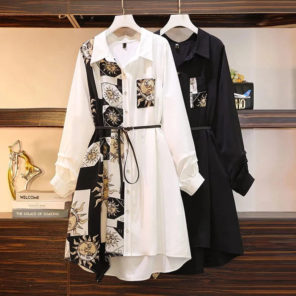 Vintage Print A-Line With Belt Loose Polo Neck Women's Dress Elegant Single-Breasted Knee Length Dresses For Women Spring