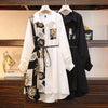 Vintage Print A-Line With Belt Loose Polo Neck Women's Dress Elegant Single-Breasted Knee Length Dresses For Women Spring