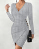 Women's V-Neck Long Sleeve Bodycon Dress - Ribbed Knit Mini Dress with Button Detail Sexy Wrap Style for Party & Night Out