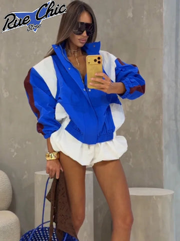 Contrasting Color Loose Jackets Women Casual Long Sleeves Stand Collar Zipper Oversized Coats Lady Autumn Daily Street Wear