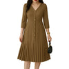 Women's Pleated Midi Dress Elegant V-Neck 3/4 Sleeve Button Up A-Line Dresses Office Commuting Wear Woman Clothing S-3XL