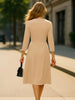 Womens 2/3 Elegant Square Neck Zipper Work Office A-Line Pleated Business Casual Party Slim Fit And Flare Swing Midi Dress