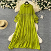 Spring Vintage Loose Dresses Women Lantern Sleeve Turn-down Collar Solid Single Breasted Casual Folds Long Dress