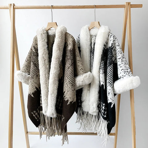 Plus Size Women's Poncho Knitted Cashmere Shawl Coat Warm Autumn Winter Lady Pashmina Wrap with Fur Collar Cozy Wool Scarf Cloak