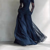 Sexy Navy Blue Tulle Evening Dress Off the Shoulder Full Sleeves A-Line Pleated Prom Gowns Women's Party Gown Dresses