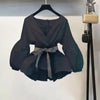 Women Elegant Sets V-Neck Stripe Lantern Sleeve Bow Belt Chiffon Shirt & Blouse Top Korean Ripped Jeans Office Lady Casual Suits