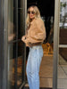 Brown Loose Short Suede Jacket Women Lapel Lantern Sleeves Zipper Outwears Lady Spring Daily Commute Street Coat