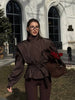 Women Solid Lace Up Lapel Jacket Casual Full Sleeve Wide Shoulder Waist Cinching Coats Autumn Office Commute Outwear