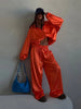 Loose Glossy Satin Solid Sports Jacket Pants Sets Women Stand Zipper Long Sleeve Coats Drawstring Wide Leg Pant Spring Suit