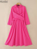 Women Street Crossover Waist Midi Dresses Elegant Long Sleeve Collared Shirtdress Commuting Solid Color Robes