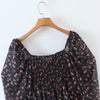 Women Sexy Cross Bandage Black Flower Print Puff Long Sleeve Dress 3 Layer Wood Ears Ruffles Hem Cake Mini Holiday Robe