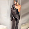 Leather Women's Pants Sets Chic Laple Single Breasted Long Sleeve Jackets Elastic Waist Straight Pants Suit Lady Outfits