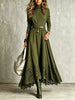 Women Vintage Boho Turtleneck Long Sleeve Maxi Dress Lace Hem Sashes Waist Flowy Long Dress Fall Winter Elegant Ladies Robe
