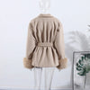 Women Grey Fur Splicing Woolen Coat Casual Belt Full Sleeve Lapel Loose Cardigan Outwear Lady Winter Highstreet Jacket