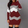 Women Elegant Patchwork Long Sleeve Warm Dress Autumn Winter Rib Knit Sweater Dress Casual Turtleneck Pullover Mini Dresses